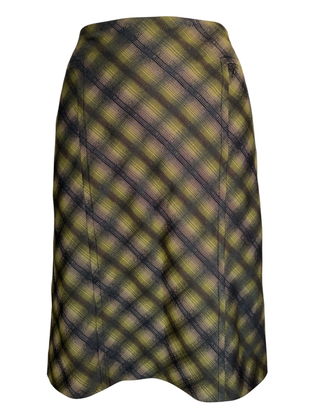 AK Anne Klein Pencil Skirt women's 8, Olive/Grey Bias-cut Plaid, back zip. Euc